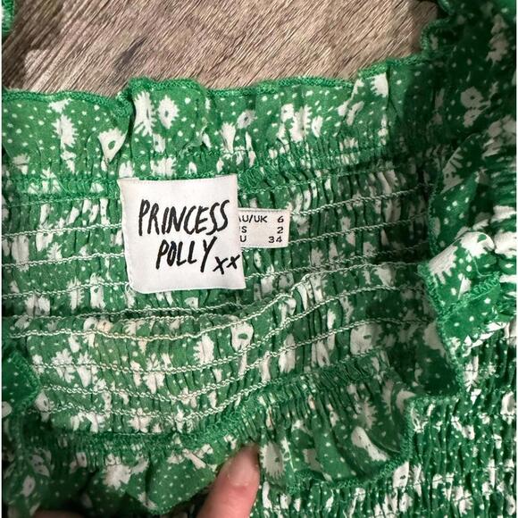 Princess Polly Green & White Floral Puff Sleeve Smocked Crop Top- Size 2 - Picture 3 of 6
